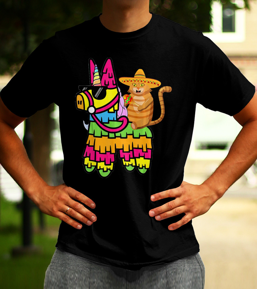 Cinco De Mayo Sombrero Cat On Colorful Pinata With Unicorn And Sunglasses T-Shirt