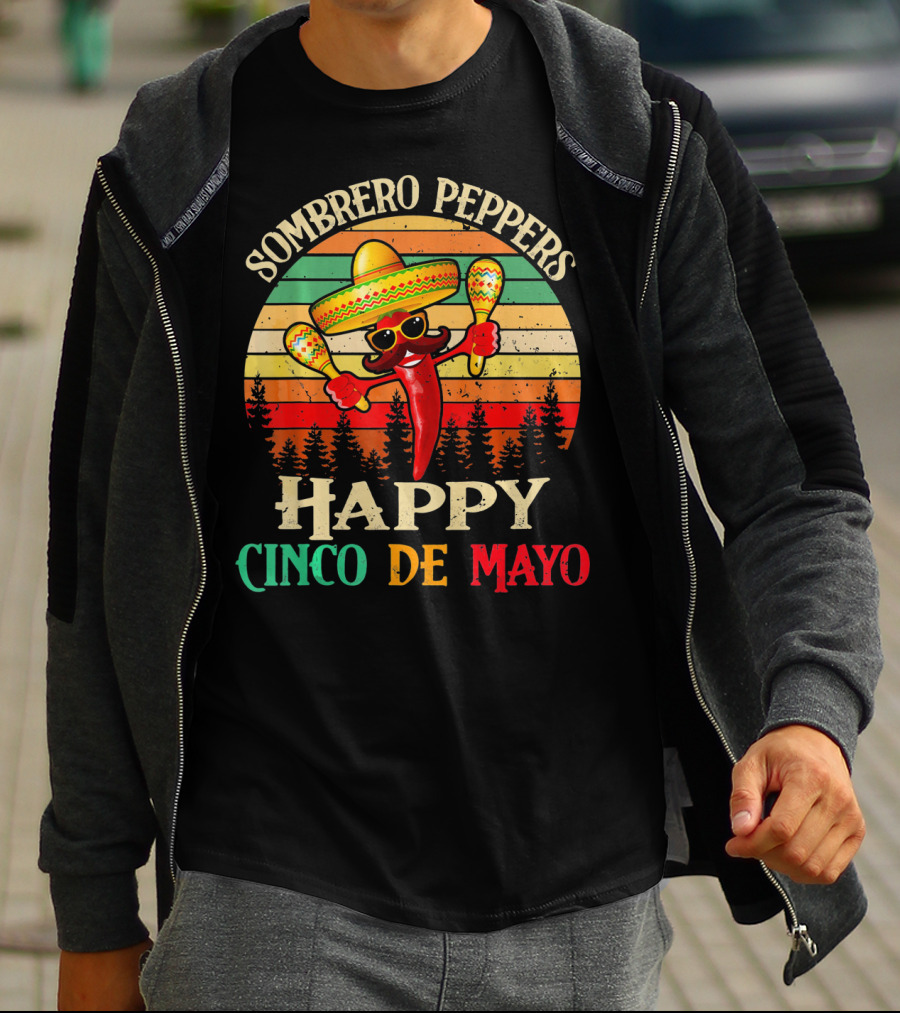 Sombrero Peppers Happy Cinco De Mayo Vintage Sunset T-Shirt