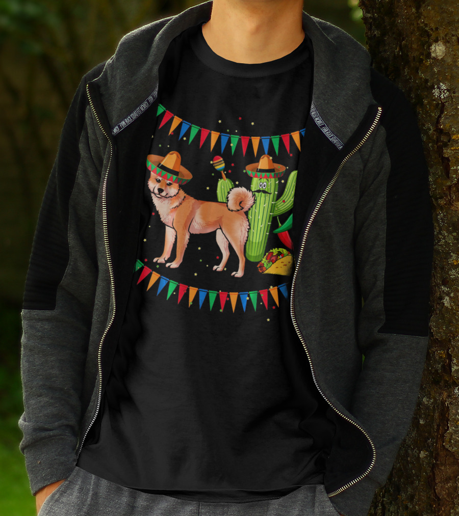 Sombrero Shiba Inu Dog Mexico Cinco De Mayo Celebration With Cactus And Taco T-Shirt