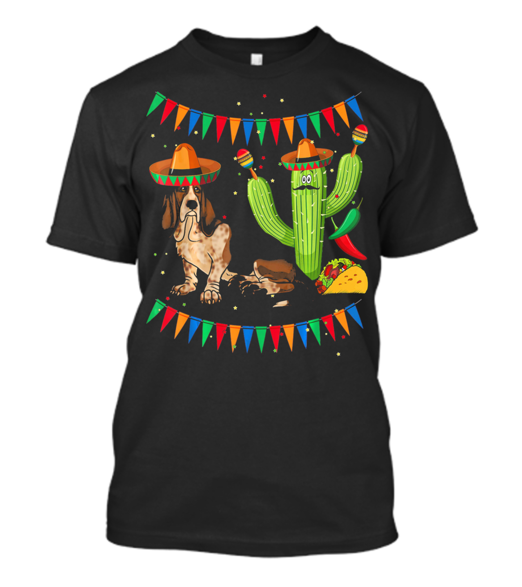 Sombrero Basset Hound Dog Mexico Cinco Cactus Taco Fiesta Decor T-Shirt