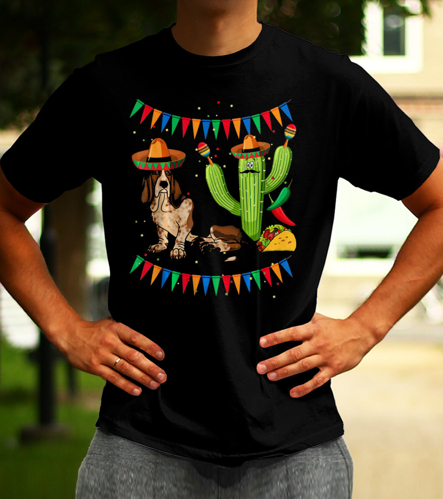 Sombrero Basset Hound Dog Mexico Cinco Cactus Taco Fiesta Decor T-Shirt