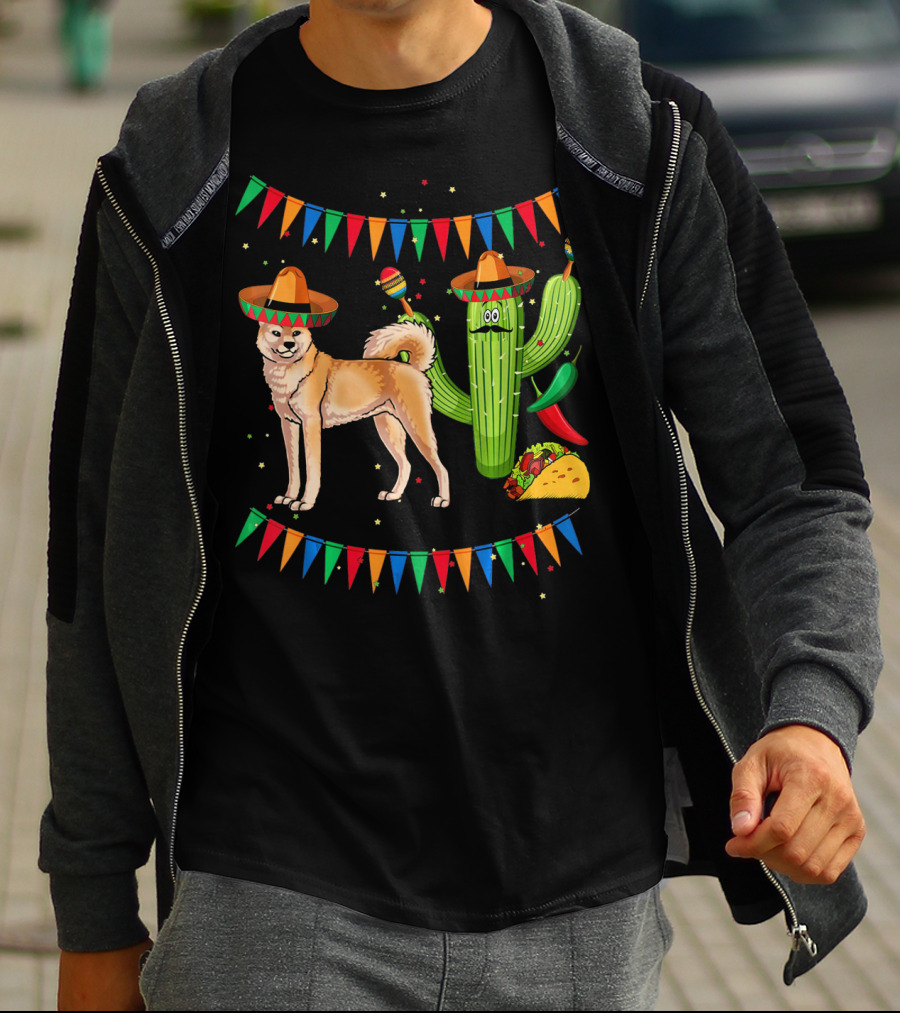 Sombrero Akita Dog Cactus Taco Maracas Mexico Cinco De Mayo T-Shirt