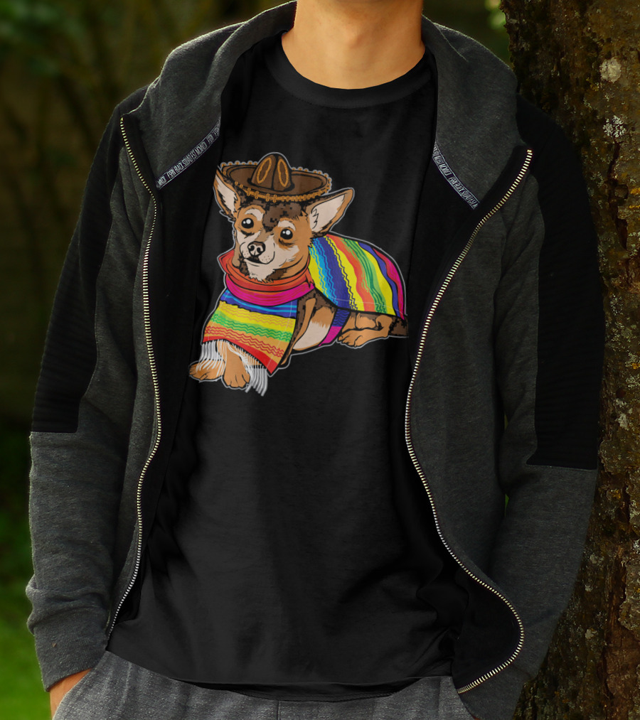 Cute Dog Chihuahua Chiweenie Mexico Sombrero Rainbow Poncho Cinc T-Shirt