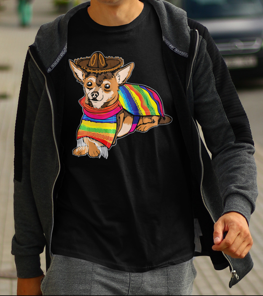 Cute Dog Chihuahua Chiweenie Mexico Sombrero Rainbow Poncho Cinc T-Shirt