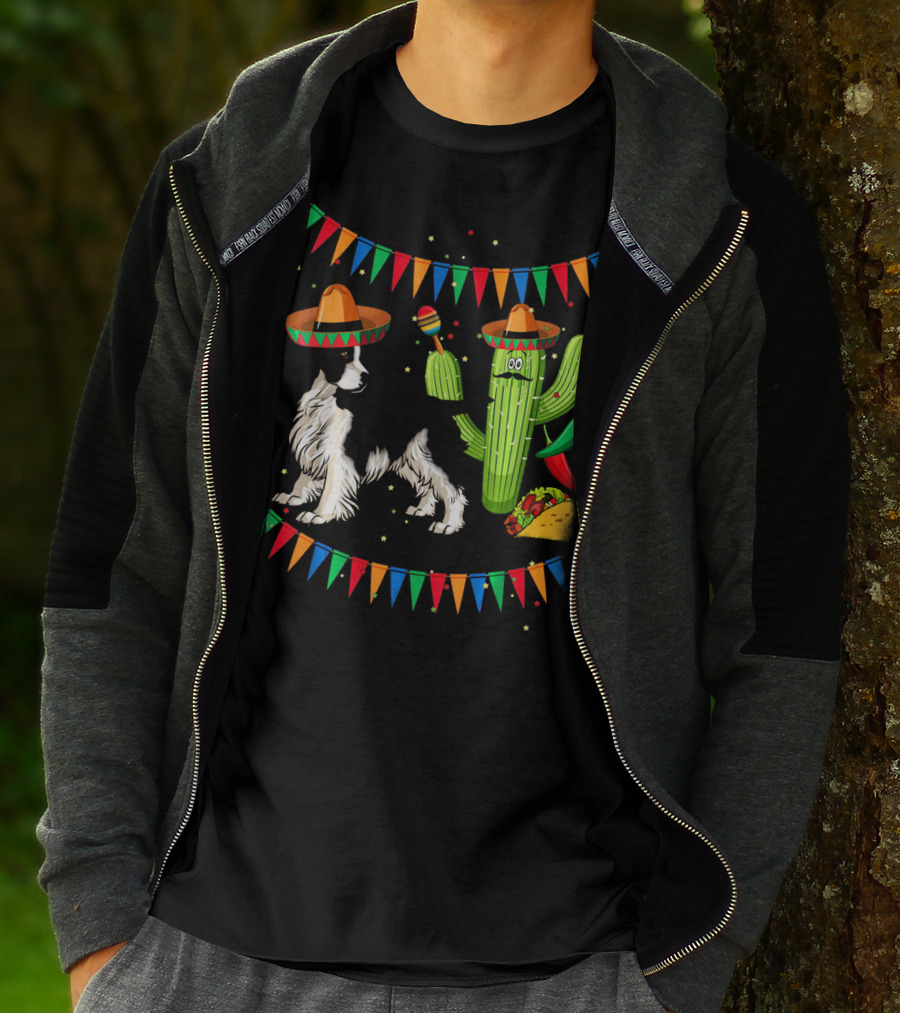 Sombrero English Springer Spaniel Dog With Cactus And Taco Fiesta T-Shirt