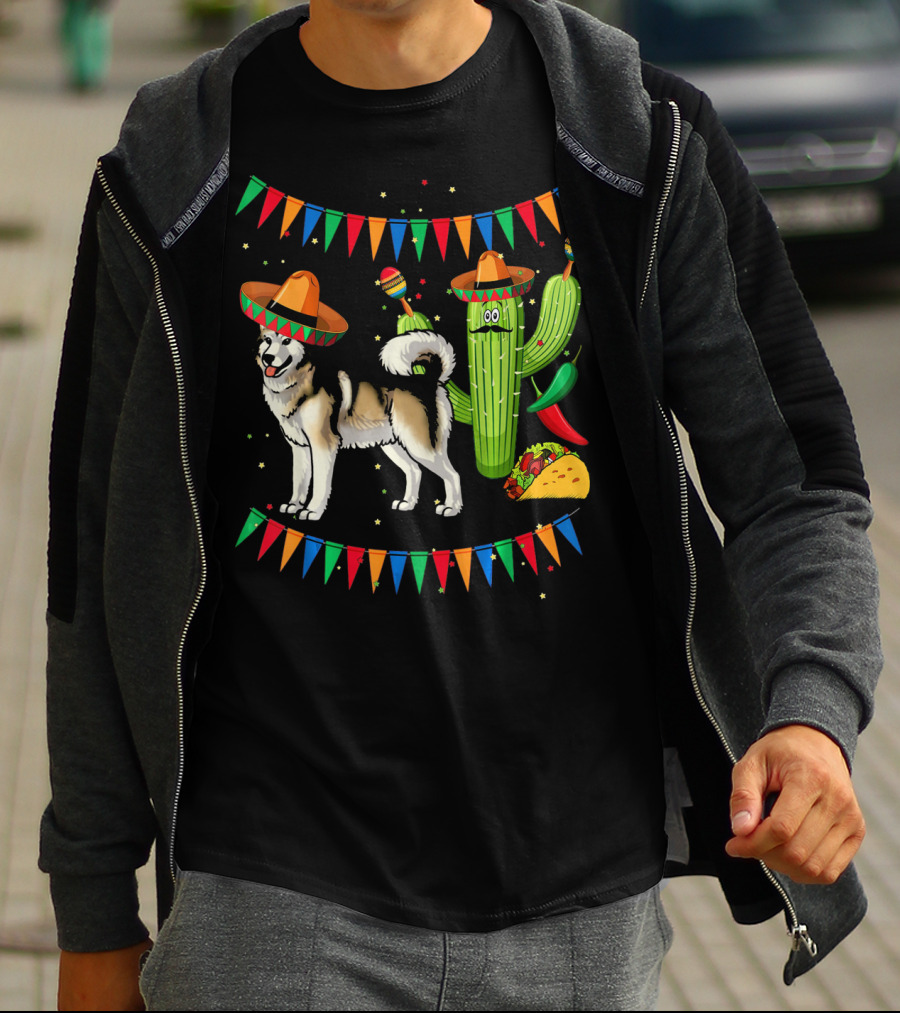 Sombrero Alaskan Malamute Dog With Cactus And Mexican Fiesta Elements T-Shirt