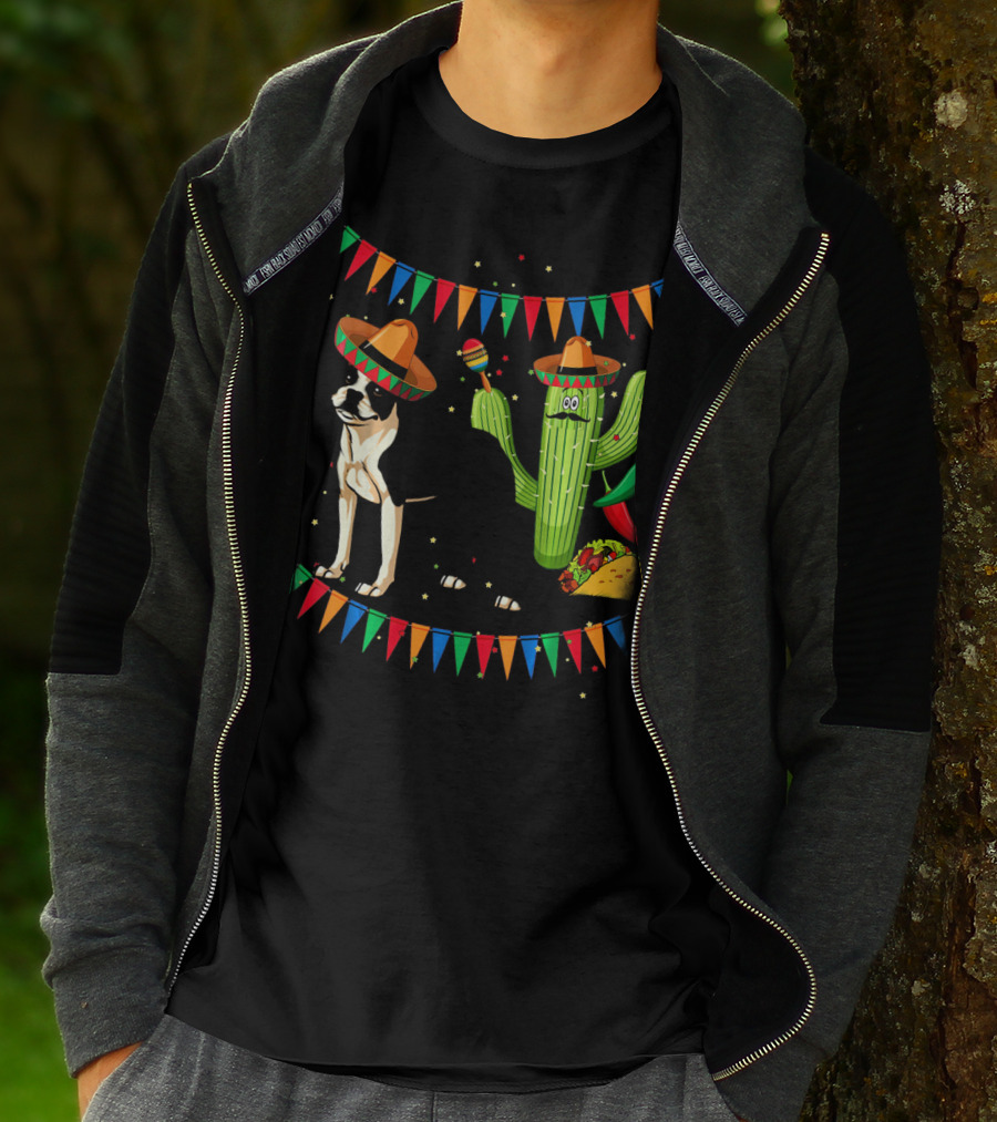 Sombrero Boston Terrier Mexico Cactus Taco Maracas Fiesta Cinco T-Shirt