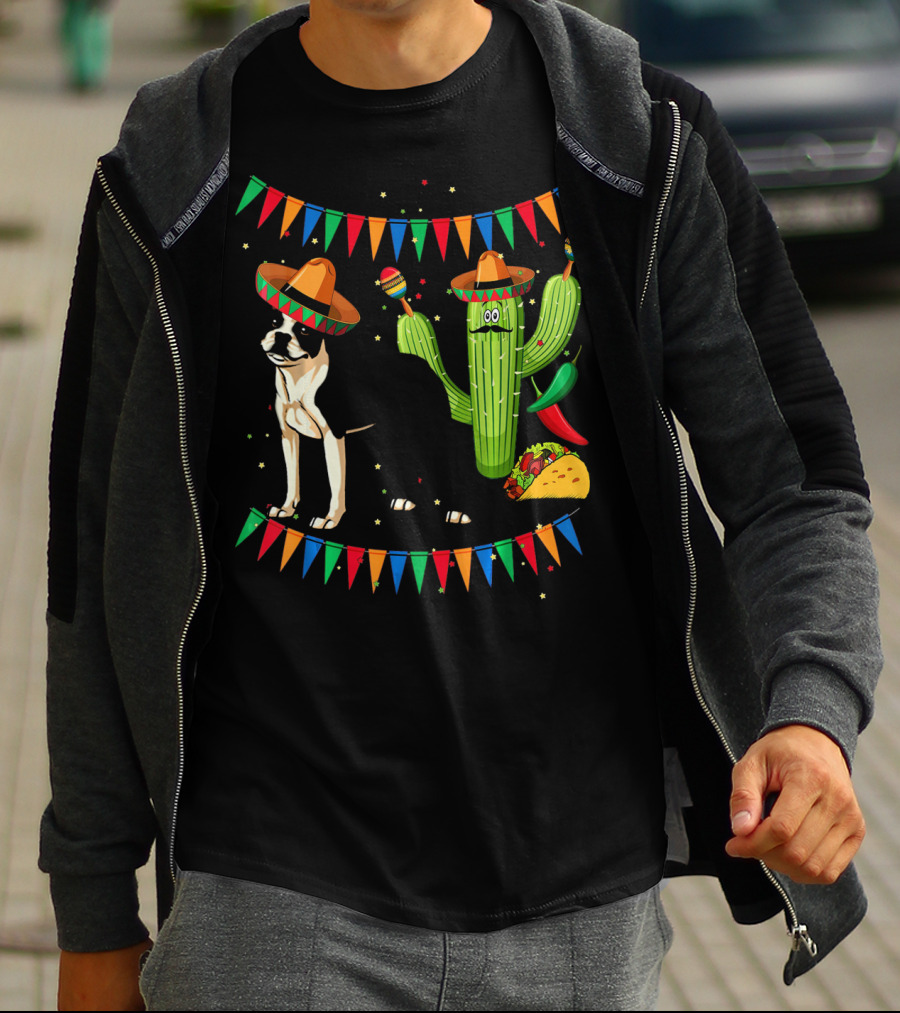 Sombrero Boston Terrier Mexico Cactus Taco Maracas Fiesta Cinco T-Shirt