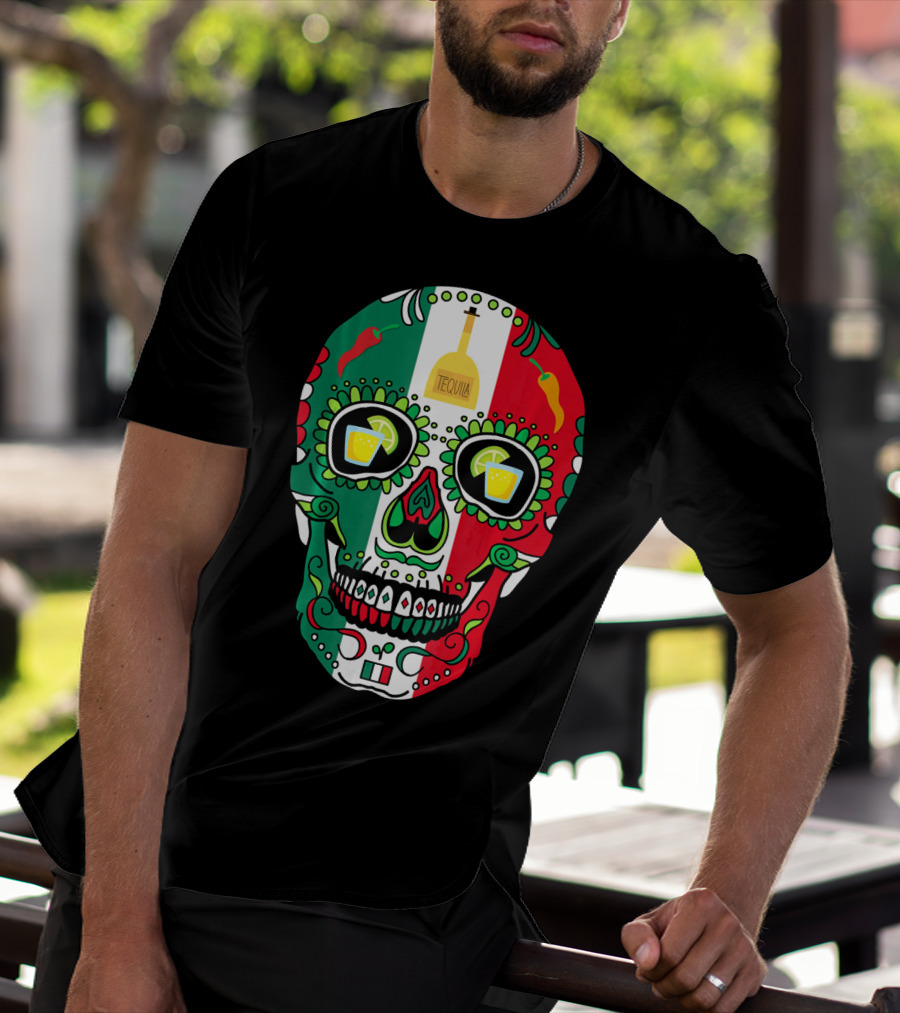 Mexican Cinco De Mayo Tequila Skull With Flag Colors And Chili Peppers T-Shirt