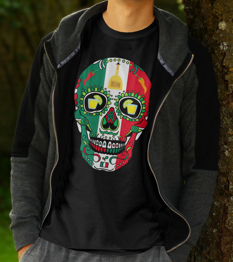 Mexican Cinco De Mayo Tequila Skull With Flag Colors And Chili Peppers T-Shirt