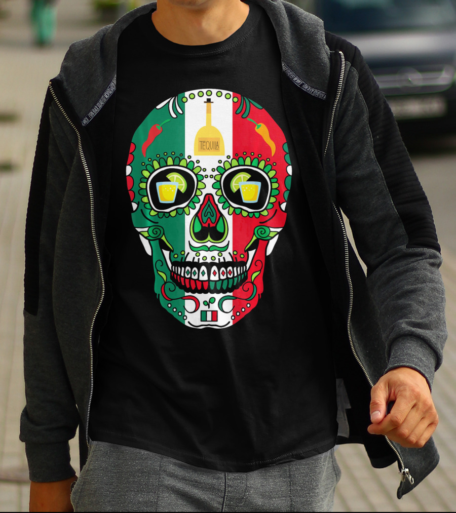 Mexican Cinco De Mayo Tequila Skull With Flag Colors And Chili Peppers T-Shirt