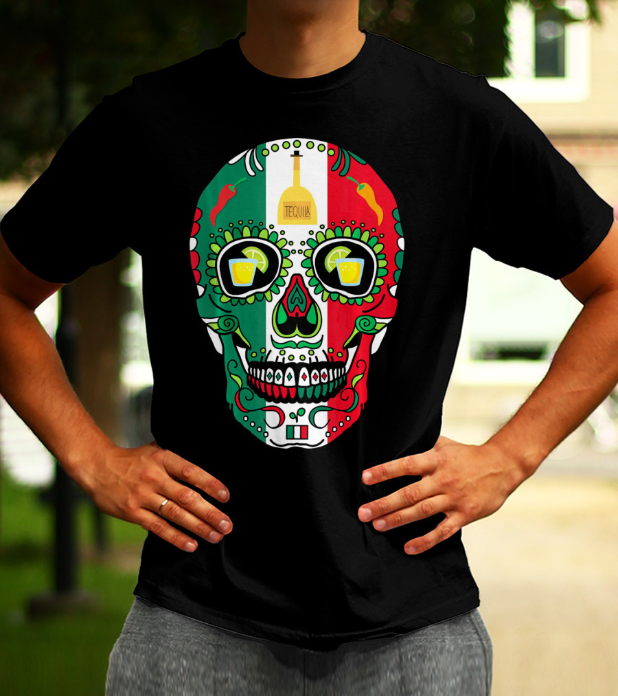Mexican Cinco De Mayo Tequila Skull With Flag Colors And Chili Peppers T-Shirt