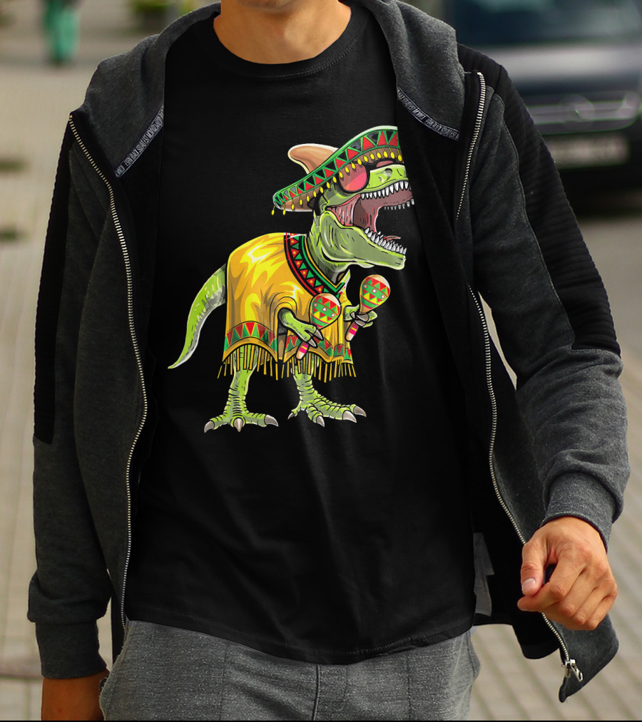 Cinco De Mayo Dinosaur Sombrero Maracas Poncho Fiesta T-Shirt