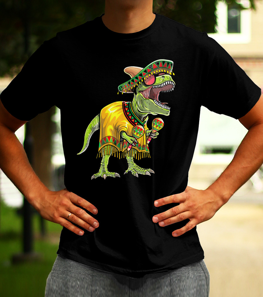 Cinco De Mayo Dinosaur Sombrero Maracas Poncho Fiesta T-Shirt