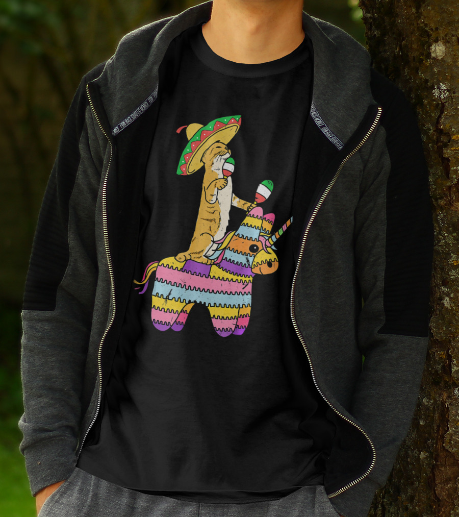 Cinco De Meow Cat Riding Colorful Unicorn Pinata With Sombrero And Maracas T-Shirt