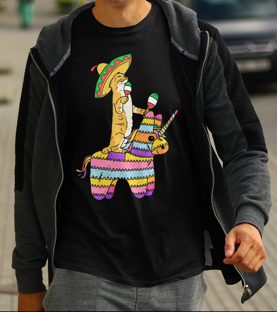 Cinco De Meow Cat Riding Colorful Unicorn Pinata With Sombrero And Maracas T-Shirt
