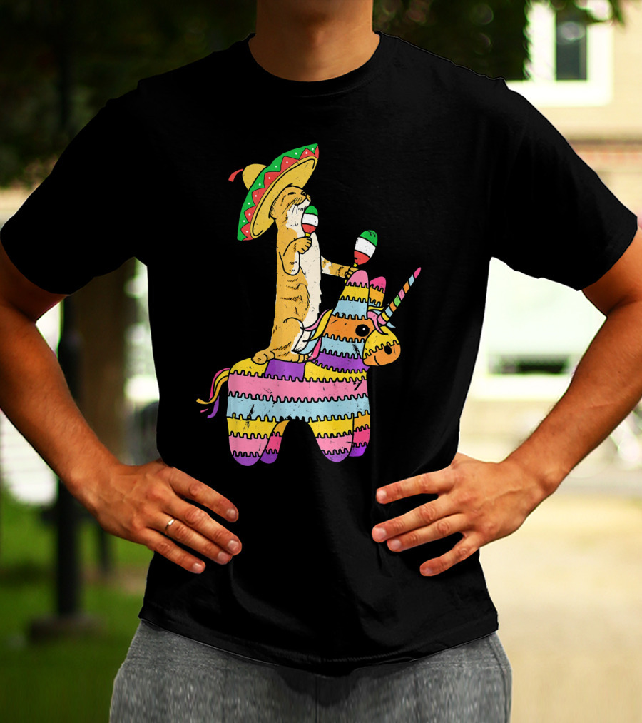Cinco De Meow Cat Riding Colorful Unicorn Pinata With Sombrero And Maracas T-Shirt