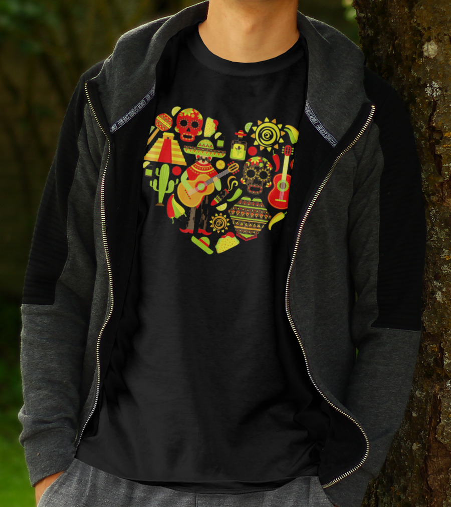 Cinco De Mayo Love Skull Guitar Cactus Sombrero Heart T-Shirt