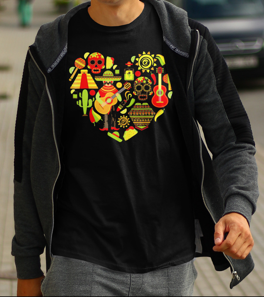 Cinco De Mayo Love Skull Guitar Cactus Sombrero Heart T-Shirt