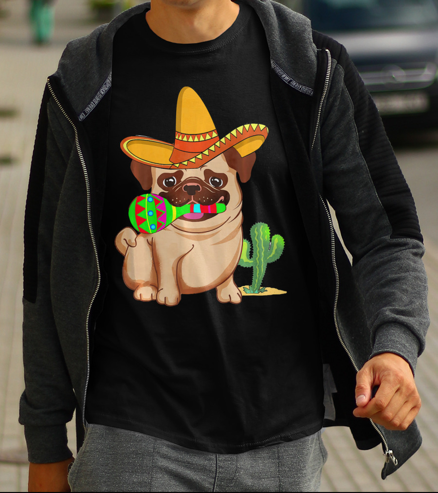 Pug Dog In Sombrero With Maracas For Cinco De Mayo 5th Of May T-Shirt