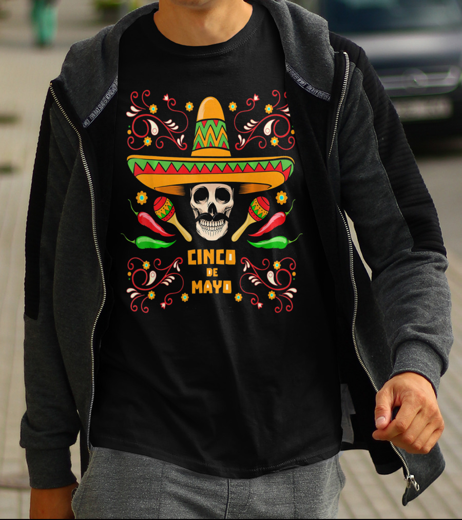 Cinco De Mayo Skull With Sombrero Maracas And Peppers T-Shirt