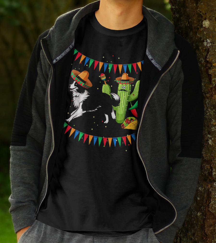 Sombrero Border Collie Dog Cactus Taco Mexico Cinco T-Shirt