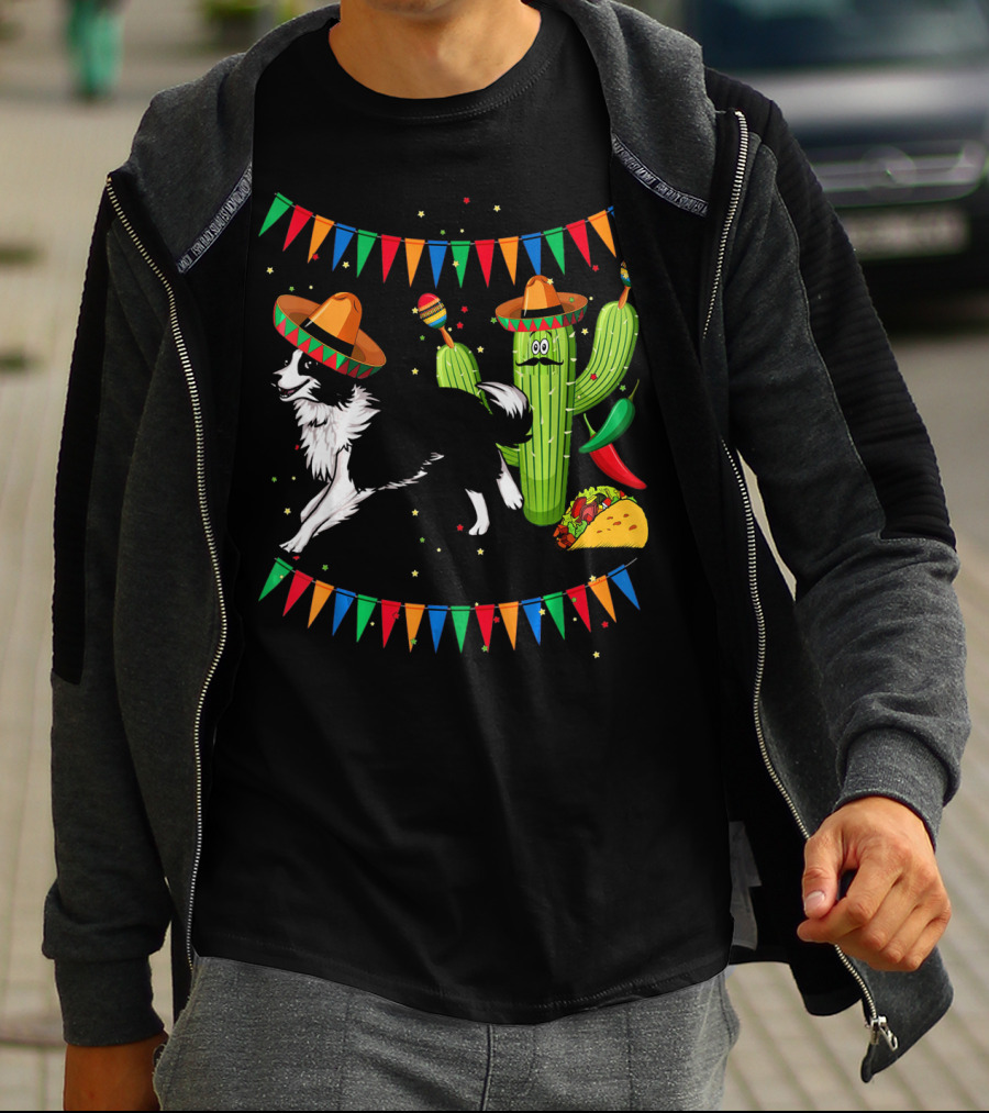 Sombrero Border Collie Dog Cactus Taco Mexico Cinco T-Shirt