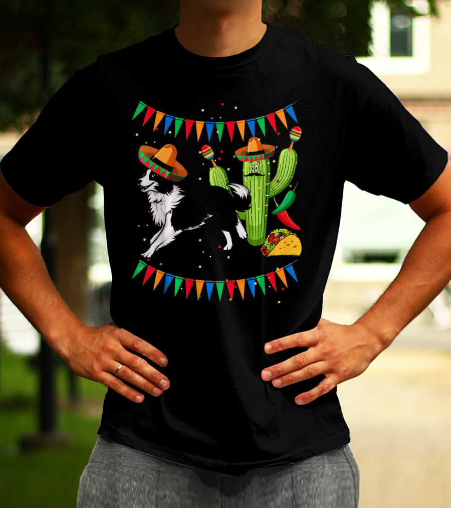 Sombrero Border Collie Dog Cactus Taco Mexico Cinco T-Shirt
