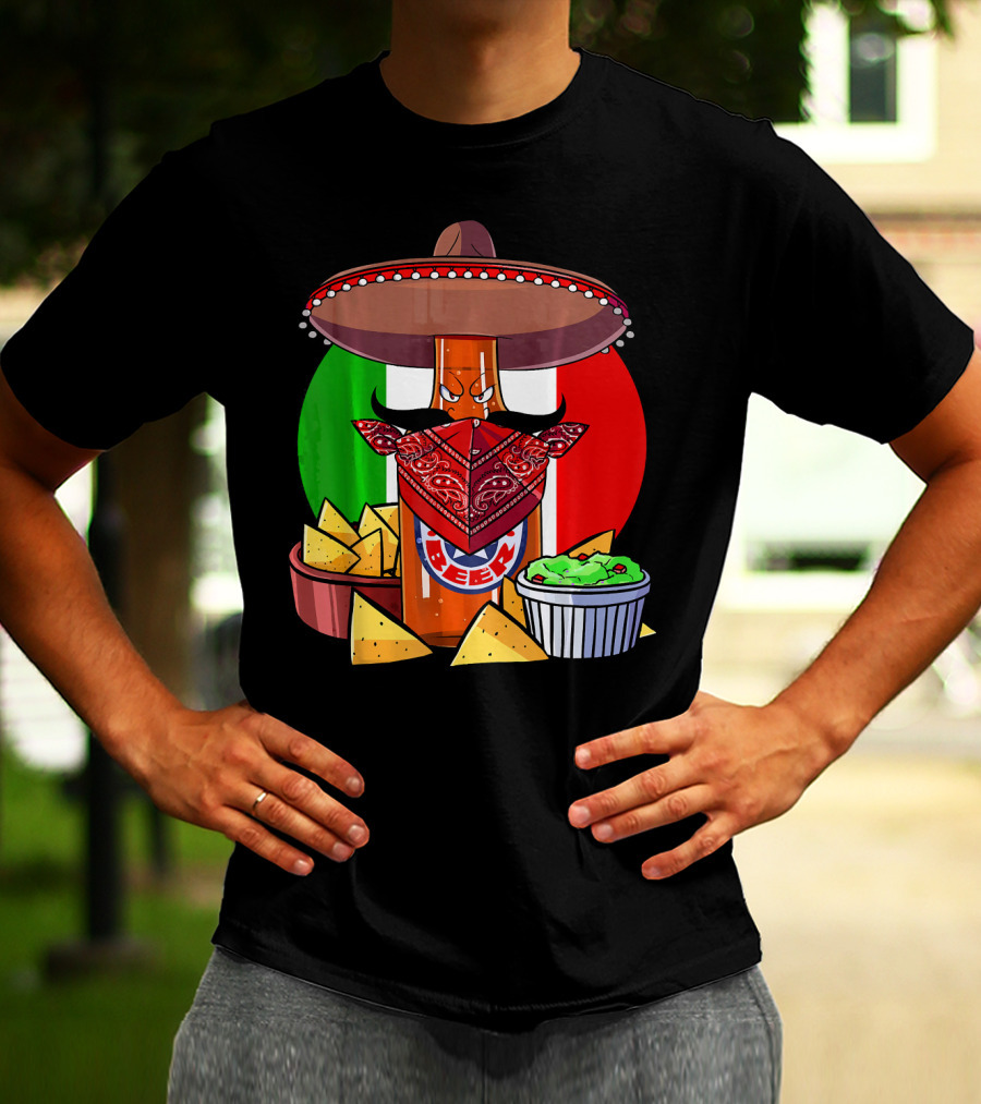 Funny Cinco De Mayo Beer Bottle With Sombrero And Guacamole Fiesta Napkin Bandana T-Shirt
