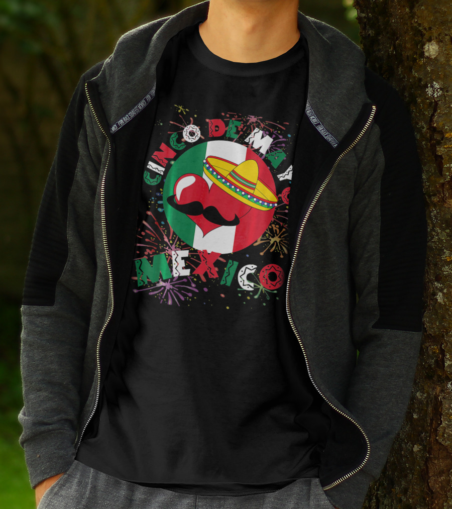 Cinco De Mayo Mexico Celebration Heart Sombrero Fireworks T-Shirt
