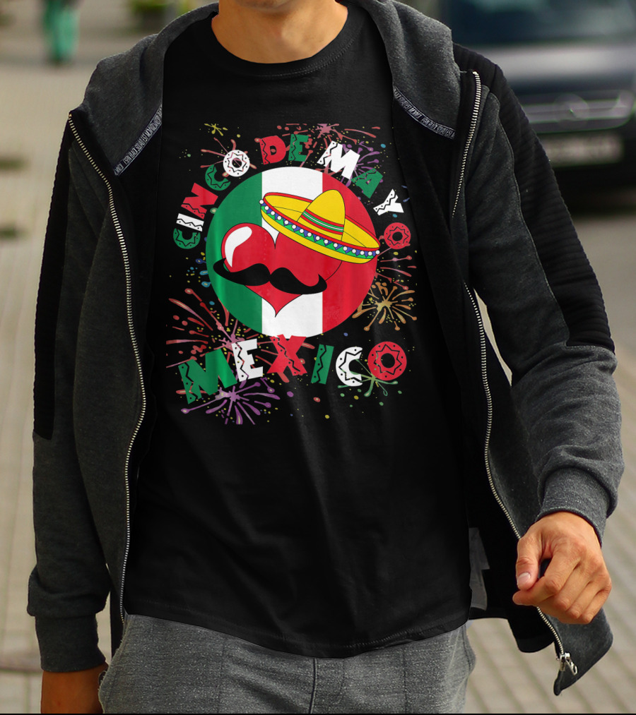 Cinco De Mayo Mexico Celebration Heart Sombrero Fireworks T-Shirt