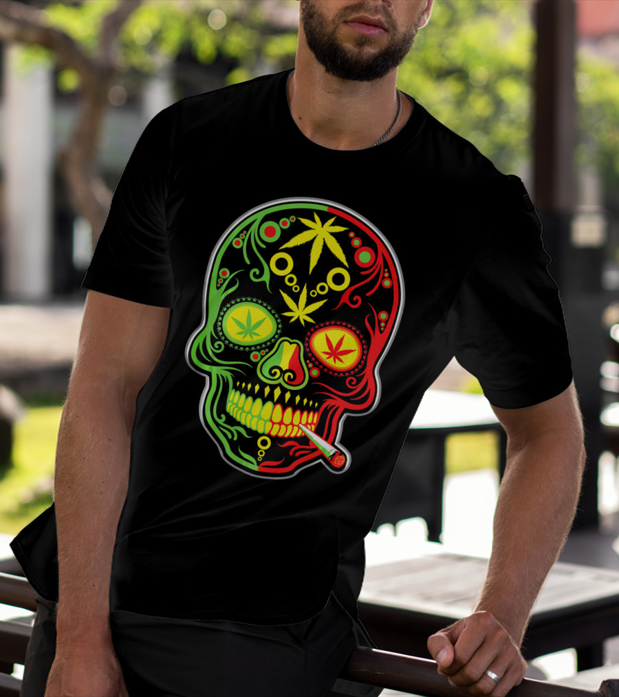 Weed Sugar Skull Marijuana Canna Rasta Colors T-Shirt