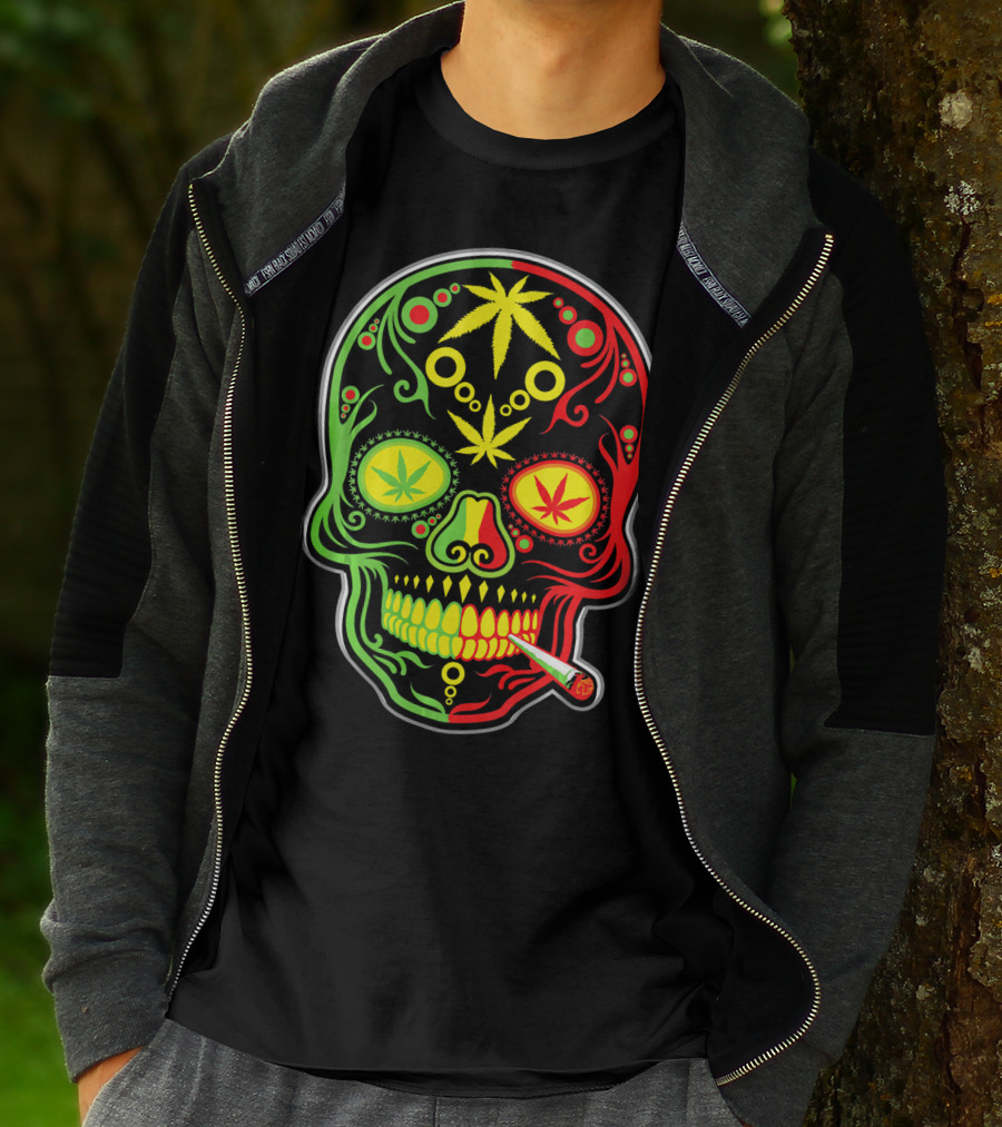 Weed Sugar Skull Marijuana Canna Rasta Colors T-Shirt