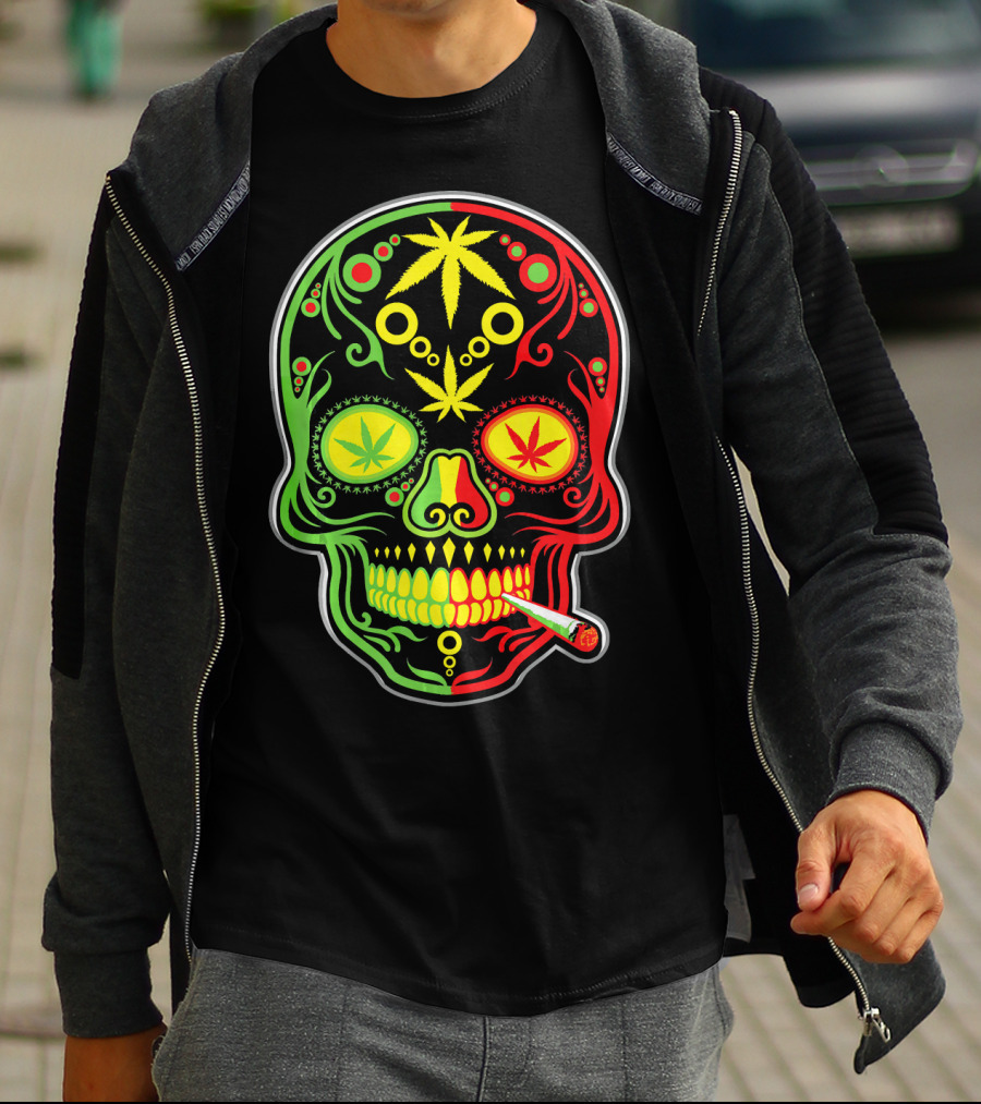 Weed Sugar Skull Marijuana Canna Rasta Colors T-Shirt