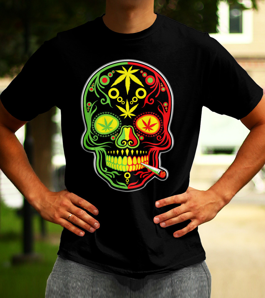 Weed Sugar Skull Marijuana Canna Rasta Colors T-Shirt