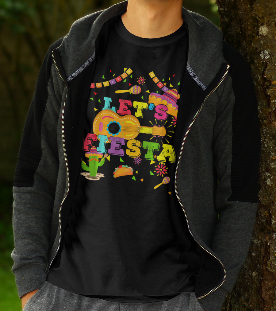 Let's Fiesta Cinco De Mayo Mexican Celebration Guitar Sombrero Maracas Taco Cactus Decorations T-Shirt