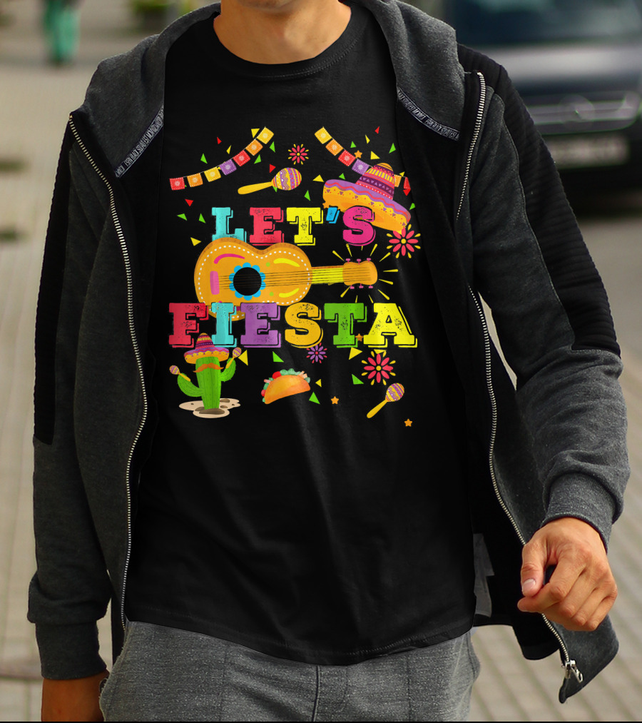 Let's Fiesta Cinco De Mayo Mexican Celebration Guitar Sombrero Maracas Taco Cactus Decorations T-Shirt