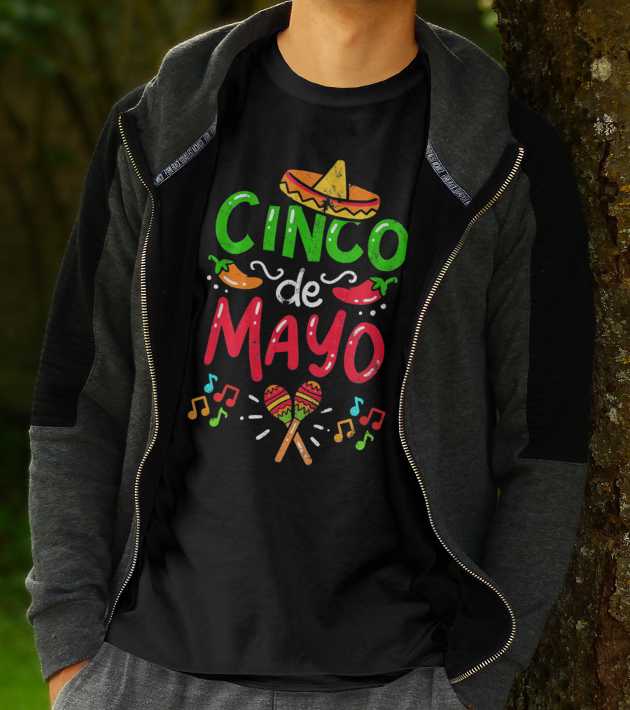 Cinco De Mayo Mexico Sombrero Maracas Peppers Music Notes T-Shirt