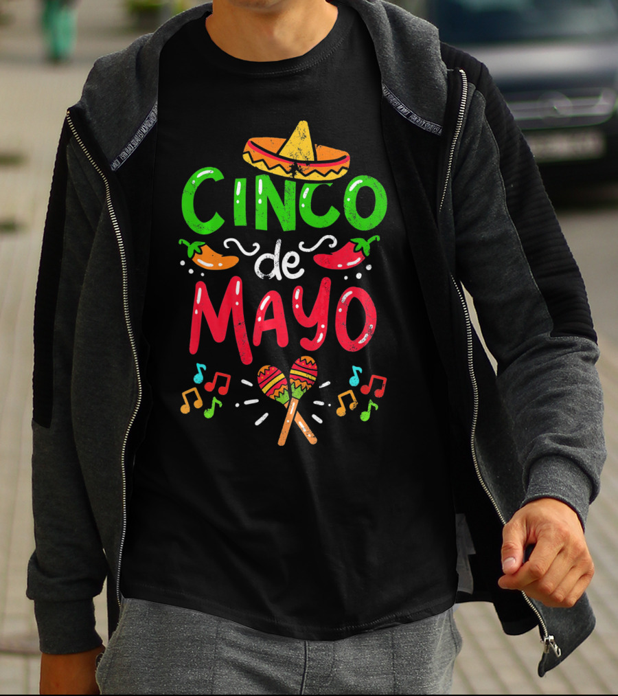 Cinco De Mayo Mexico Sombrero Maracas Peppers Music Notes T-Shirt