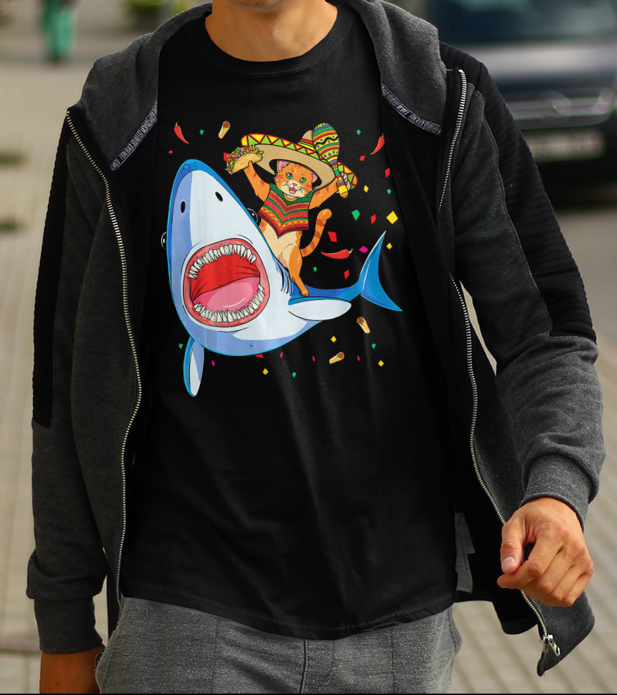 Funny Taco Cat Riding Shark Cinco De Mayo Sombrero T-Shirt