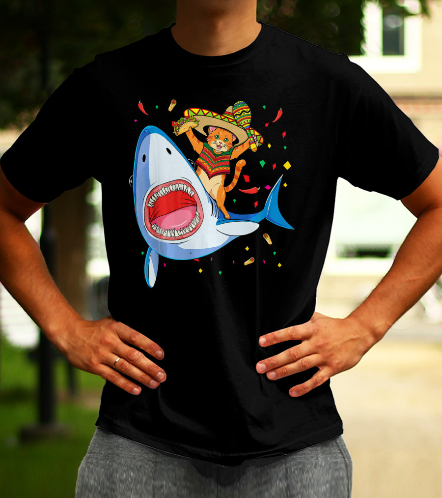 Funny Taco Cat Riding Shark Cinco De Mayo Sombrero T-Shirt