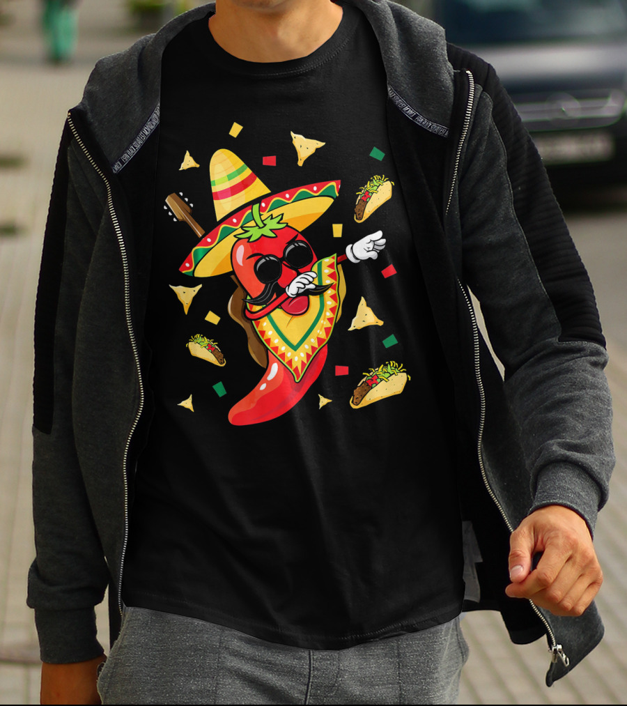 Mexican Sombrero Dabbing Jalapeno With Tacos And Nachos Fiesta Explosion T-Shirt