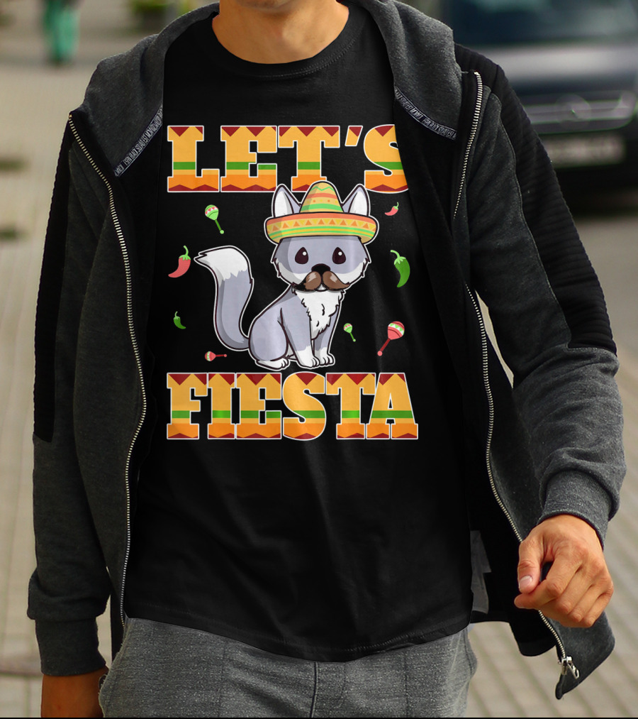 Let's Fiesta Kitty Cat Cinco De Mayo Mexi Sombrero Peppers Maracas T-Shirt