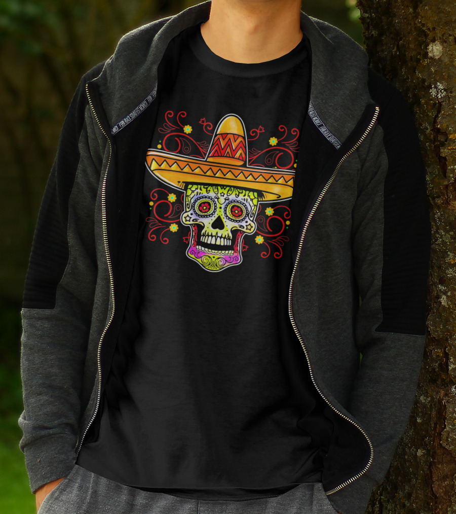 Sugar Skull Sombrero Colorful Floral T-Shirt