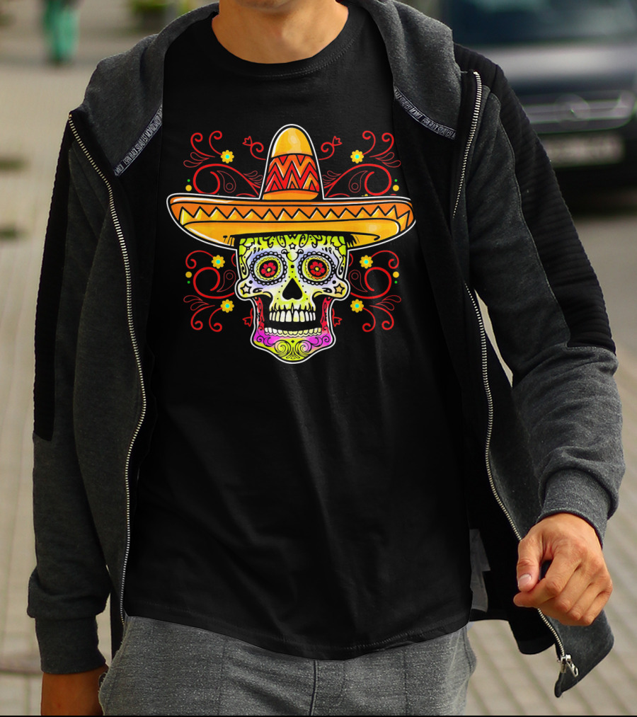 Sugar Skull Sombrero Colorful Floral T-Shirt