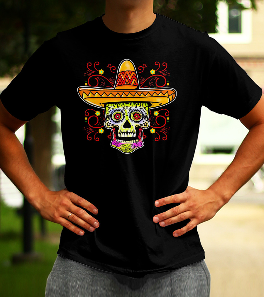 Sugar Skull Sombrero Colorful Floral T-Shirt