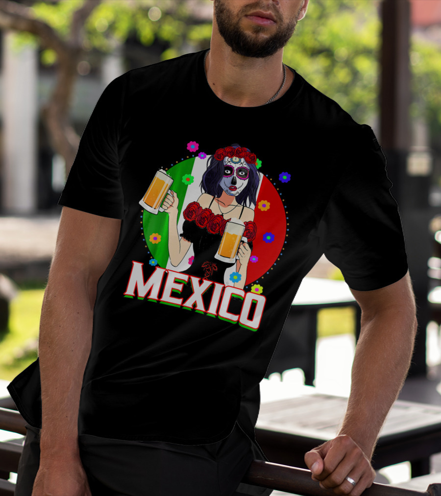 Cinco De Mayo Sugar Skull Woman Holding Beers Mexico Flag T-Shirt