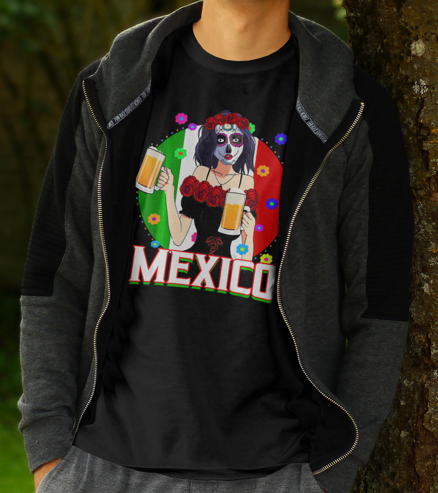 Cinco De Mayo Sugar Skull Woman Holding Beers Mexico Flag T-Shirt