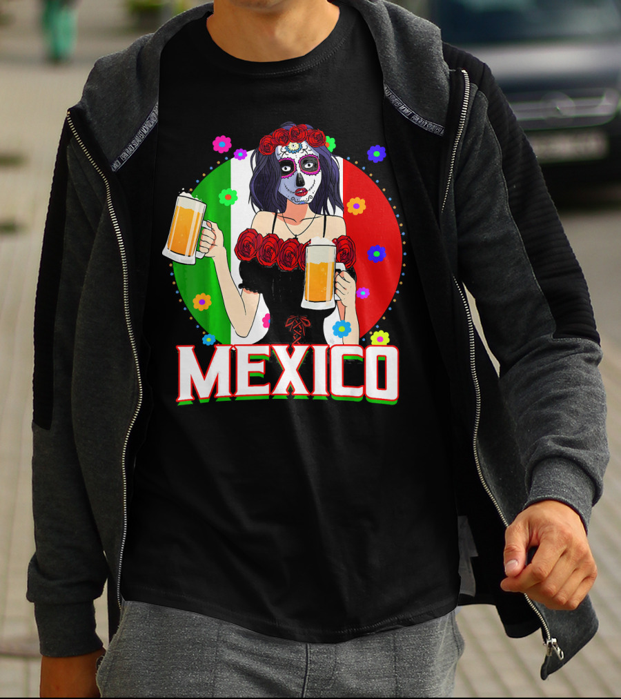 Cinco De Mayo Sugar Skull Woman Holding Beers Mexico Flag T-Shirt