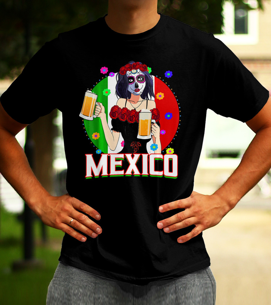 Cinco De Mayo Sugar Skull Woman Holding Beers Mexico Flag T-Shirt